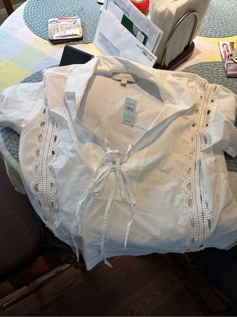 LOFT White Cotton Tie-Front Blouse with Crochet Panels